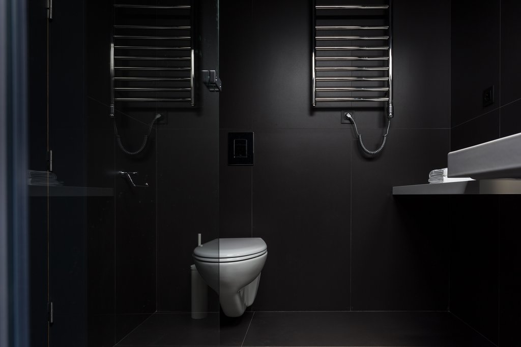 Studio accommodations/lodgings at Quinta dos Peixes Falantes: elegant, modern, black tile bathroom and fixtures